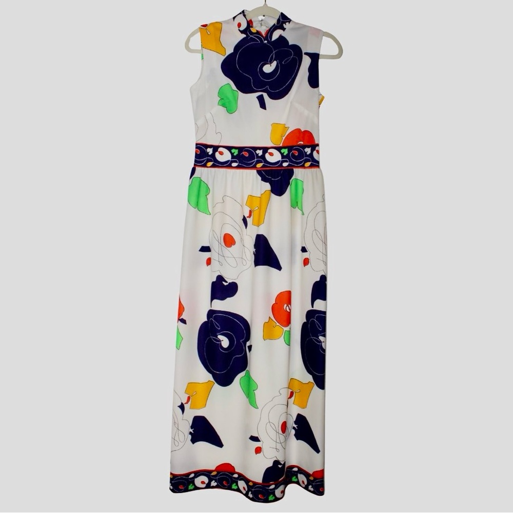 70s Vtg Ricano Mod Maxi Dress | Sleeveless High Neck | Union USA Made | S